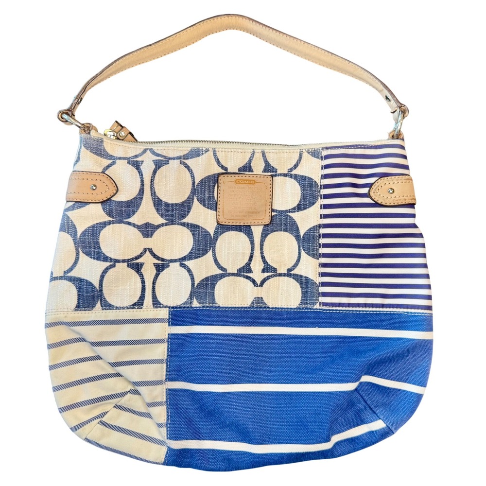 Coach Daisy Patchwork Hobo Bag Navy Blue White Signature Stripe Canvas F20097